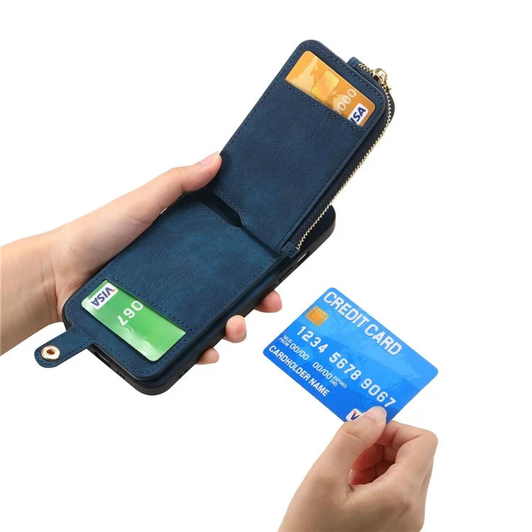 For iPhone 16 Plus Case Zipper Pocket Kickstand Leather Phone Back Cover