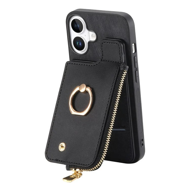 For iPhone 16 Plus Case Zipper Pocket Kickstand Leather Phone Back Cover