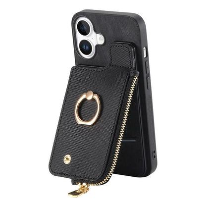 For iPhone 16 Plus Case Zipper Pocket Kickstand Leather Phone Back Cover