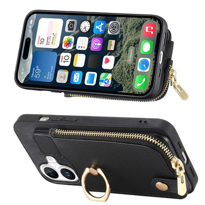 For iPhone 16 Plus Case Zipper Pocket Kickstand Leather Phone Back Cover