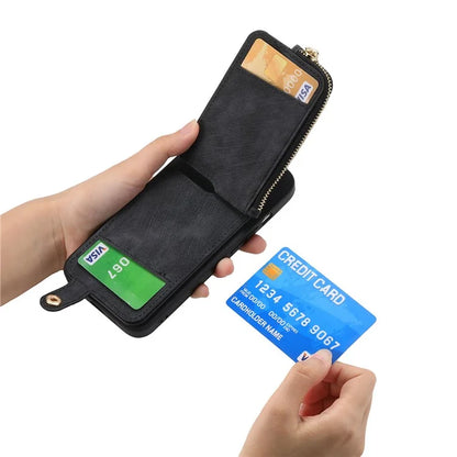 For iPhone 16 Plus Case Zipper Pocket Kickstand Leather Phone Back Cover