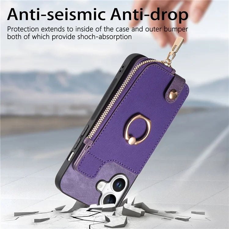 For iPhone 16 Plus Case Zipper Pocket Kickstand Leather Phone Back Cover