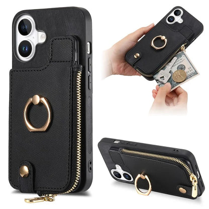 For iPhone 16 Case Zipper Pocket Kickstand Leather Phone Back Cover