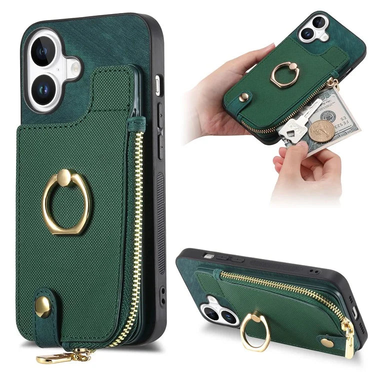 For iPhone 16 Case Zipper Pocket Kickstand Leather Phone Back Cover