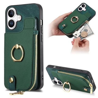 For iPhone 16 Case Zipper Pocket Kickstand Leather Phone Back Cover