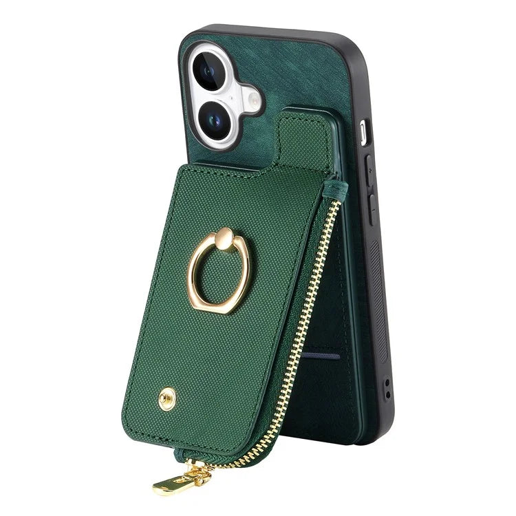 For iPhone 16 Case Zipper Pocket Kickstand Leather Phone Back Cover