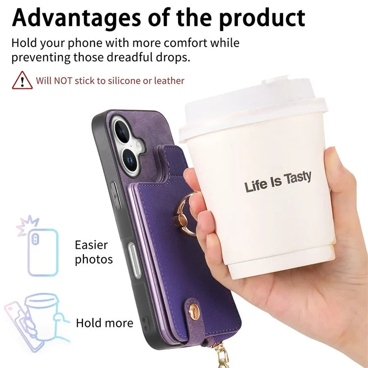 For iPhone 16 Case Zipper Pocket Kickstand Leather Phone Back Cover