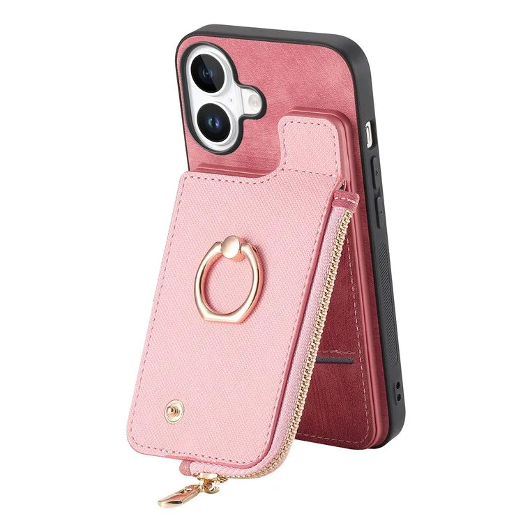 For iPhone 16 Case Zipper Pocket Kickstand Leather Phone Back Cover