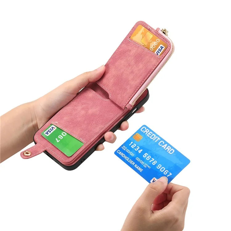 For iPhone 16 Case Zipper Pocket Kickstand Leather Phone Back Cover
