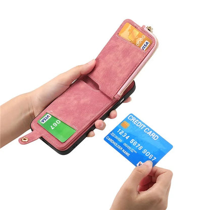 For iPhone 16 Case Zipper Pocket Kickstand Leather Phone Back Cover