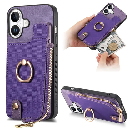 For iPhone 16 Case Zipper Pocket Kickstand Leather Phone Back Cover