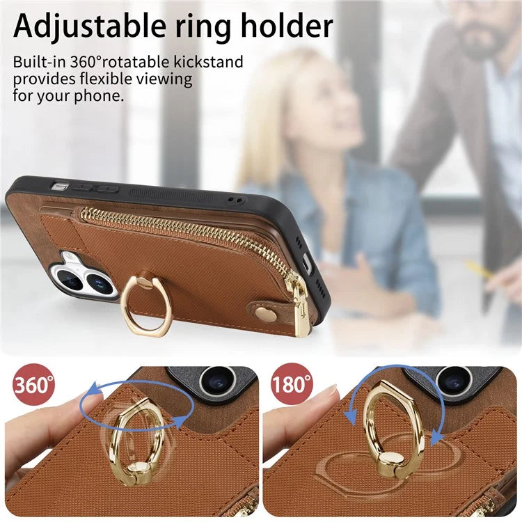 For iPhone 16 Case Zipper Pocket Kickstand Leather Phone Back Cover