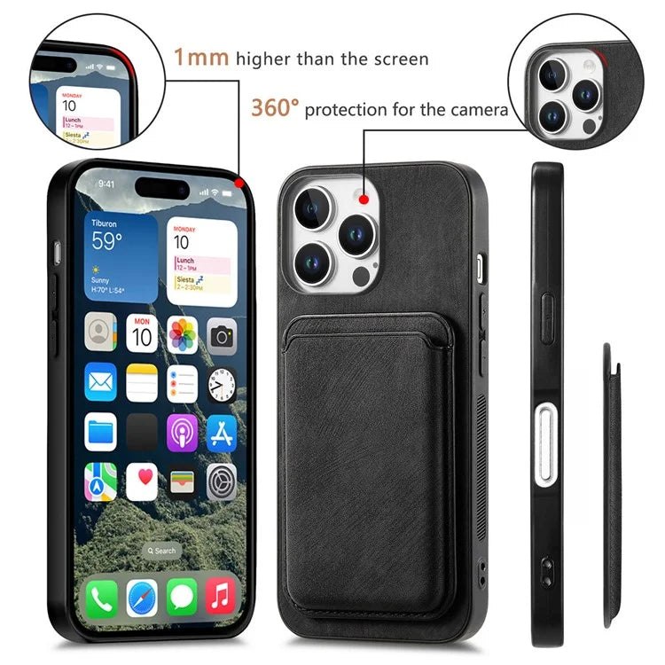 D12 For iPhone 16 Pro Max Case Leather+TPU Retro Phone Cover with Detachable Card Slot