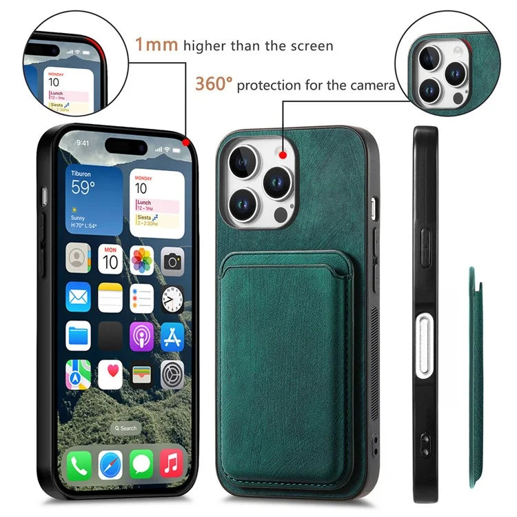 D12 For iPhone 16 Pro Max Case Leather+TPU Retro Phone Cover with Detachable Card Slot