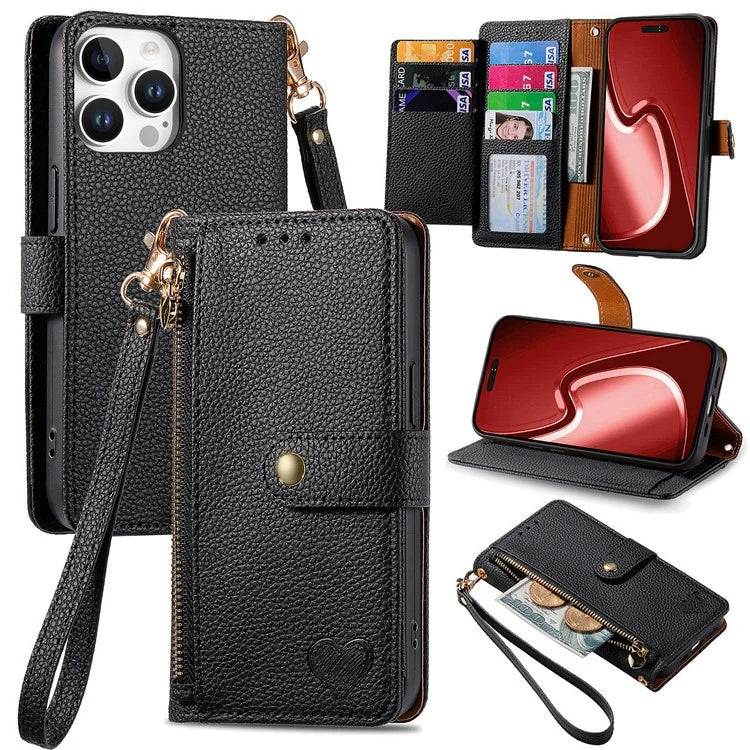 For iPhone 16 Pro Case RFID Blocking Zipper Pocket Leather Wallet Phone Cover