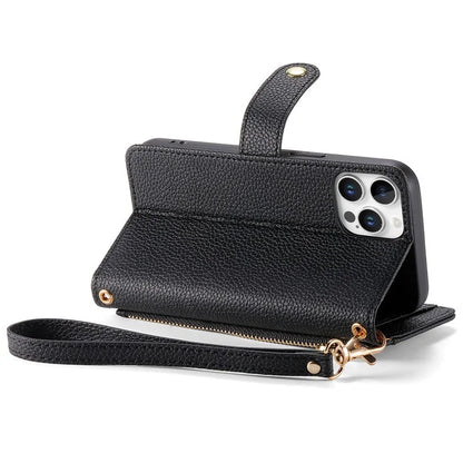 For iPhone 16 Pro Case RFID Blocking Zipper Pocket Leather Wallet Phone Cover