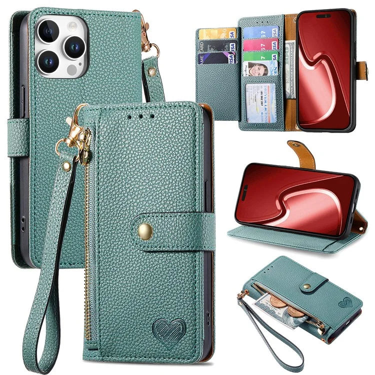 For iPhone 16 Pro Case RFID Blocking Zipper Pocket Leather Wallet Phone Cover