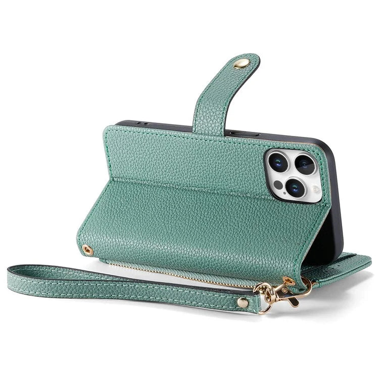 For iPhone 16 Pro Case RFID Blocking Zipper Pocket Leather Wallet Phone Cover
