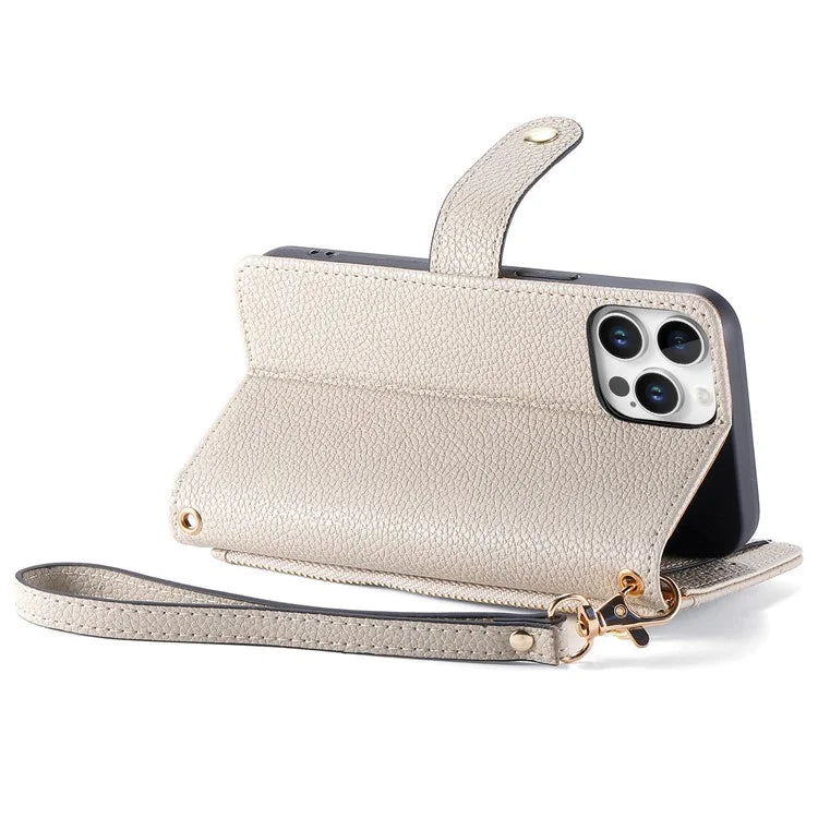 For iPhone 16 Pro Case RFID Blocking Zipper Pocket Leather Wallet Phone Cover