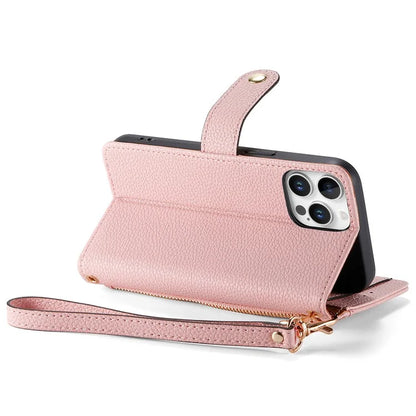 For iPhone 16 Pro Case RFID Blocking Zipper Pocket Leather Wallet Phone Cover
