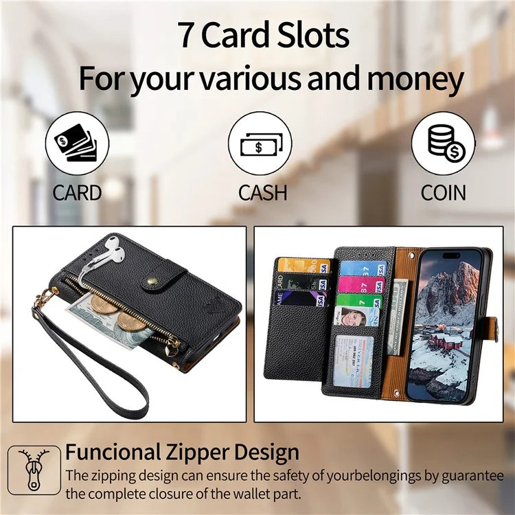 For iPhone 16 Plus Case RFID Blocking Zipper Pocket Leather Wallet Phone Cover