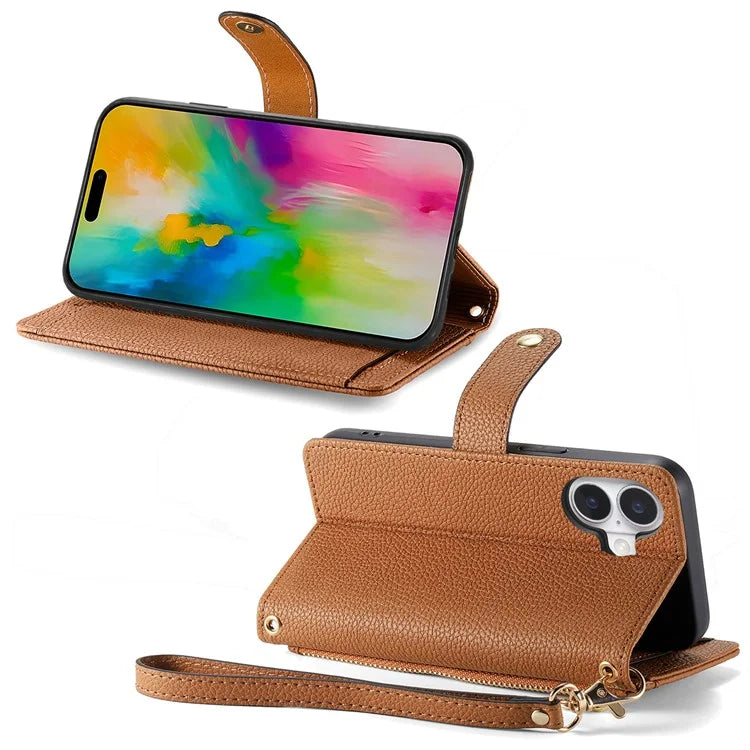 For iPhone 16 Plus Case RFID Blocking Zipper Pocket Leather Wallet Phone Cover