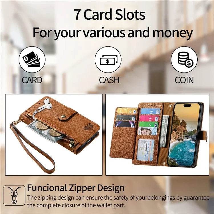 For iPhone 16 Plus Case RFID Blocking Zipper Pocket Leather Wallet Phone Cover