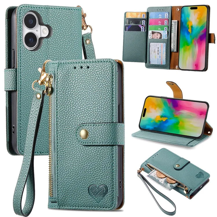 For iPhone 16 Plus Case RFID Blocking Zipper Pocket Leather Wallet Phone Cover