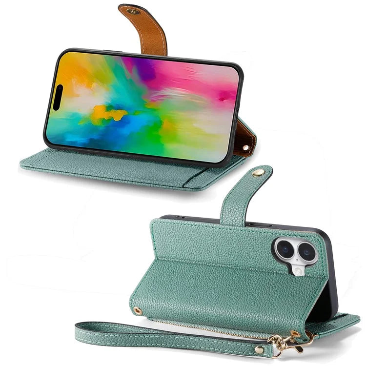 For iPhone 16 Plus Case RFID Blocking Zipper Pocket Leather Wallet Phone Cover