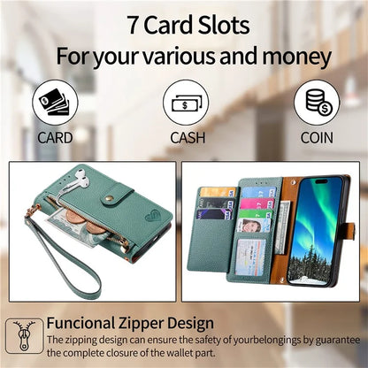 For iPhone 16 Plus Case RFID Blocking Zipper Pocket Leather Wallet Phone Cover