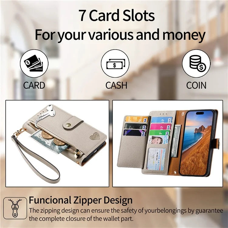 For iPhone 16 Plus Case RFID Blocking Zipper Pocket Leather Wallet Phone Cover