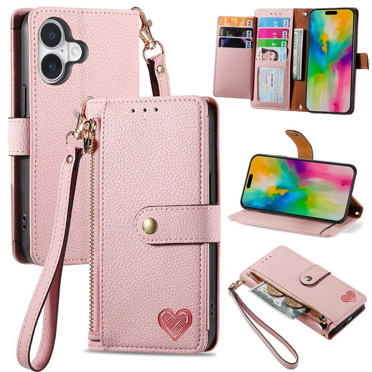 For iPhone 16 Plus Case RFID Blocking Zipper Pocket Leather Wallet Phone Cover