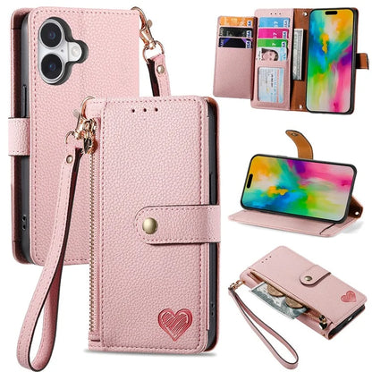 For iPhone 16 Plus Case RFID Blocking Zipper Pocket Leather Wallet Phone Cover