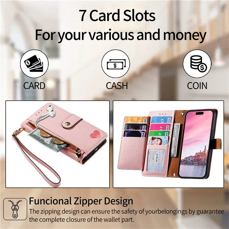 For iPhone 16 Plus Case RFID Blocking Zipper Pocket Leather Wallet Phone Cover
