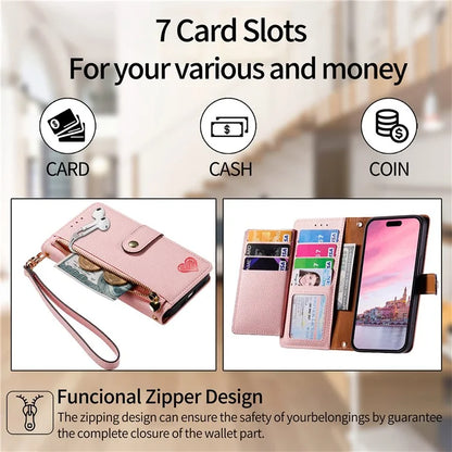 For iPhone 16 Plus Case RFID Blocking Zipper Pocket Leather Wallet Phone Cover