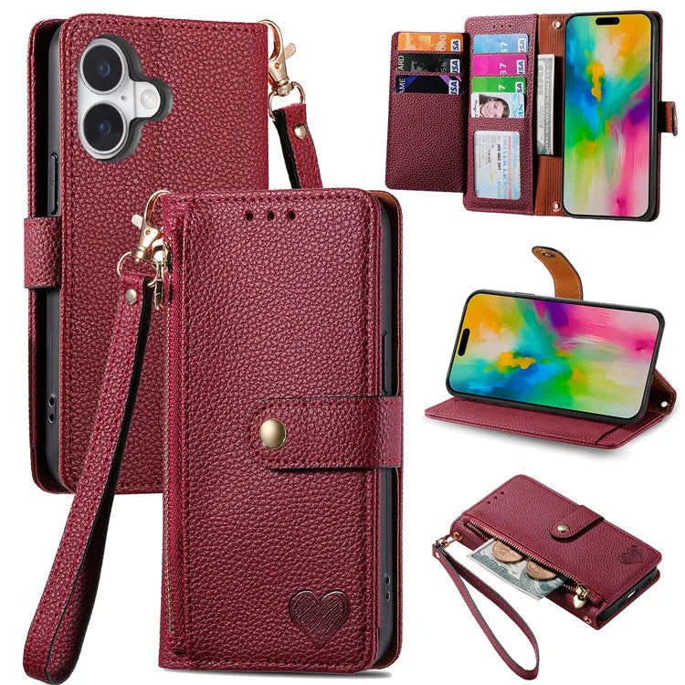 For iPhone 16 Plus Case RFID Blocking Zipper Pocket Leather Wallet Phone Cover