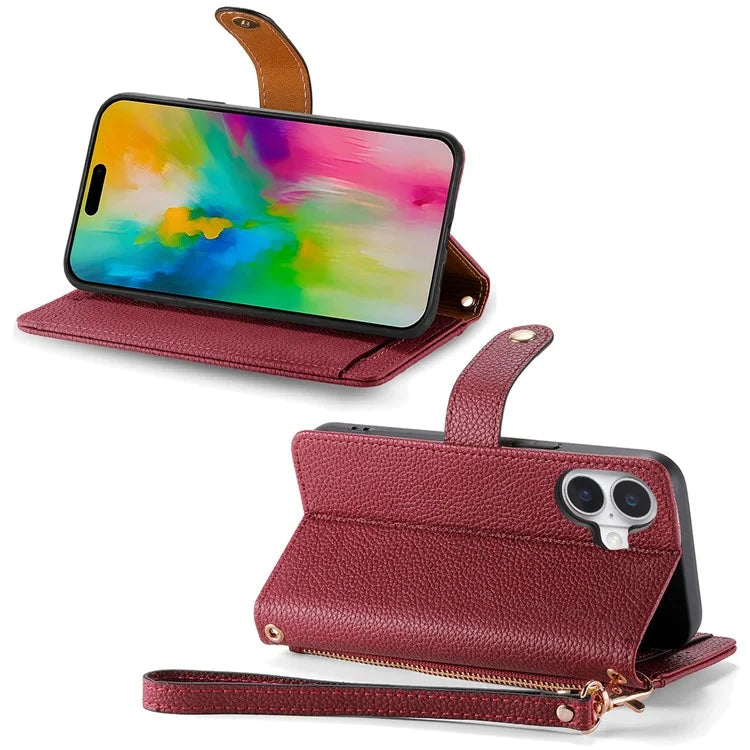 For iPhone 16 Plus Case RFID Blocking Zipper Pocket Leather Wallet Phone Cover