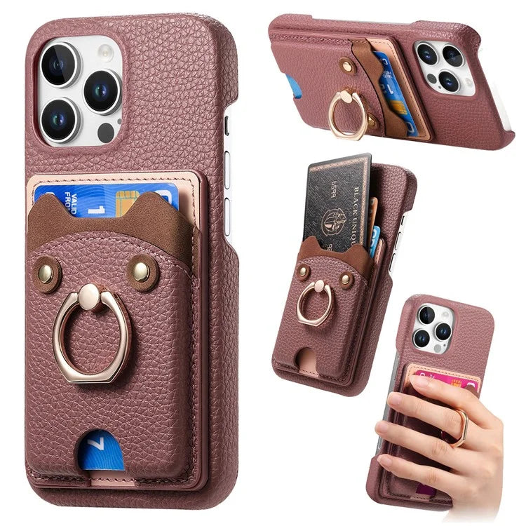Y6 For iPhone 16 Pro Max Case Cute Bear Design PU Leather+TPU Card Holder Phone Cover