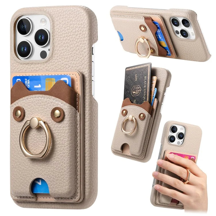 Y6 For iPhone 16 Pro Max Case Cute Bear Design PU Leather+TPU Card Holder Phone Cover