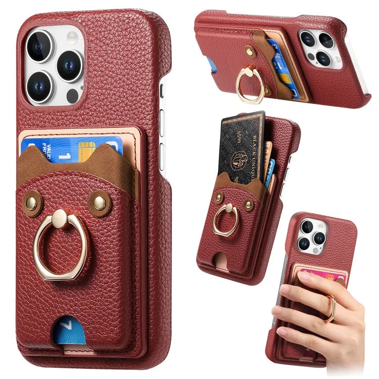 Y6 For iPhone 16 Pro Max Case Cute Bear Design PU Leather+TPU Card Holder Phone Cover
