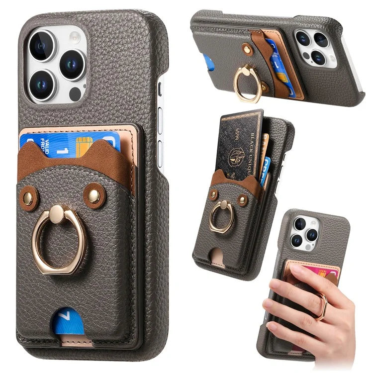 Y6 For iPhone 16 Pro Max Case Cute Bear Design PU Leather+TPU Card Holder Phone Cover