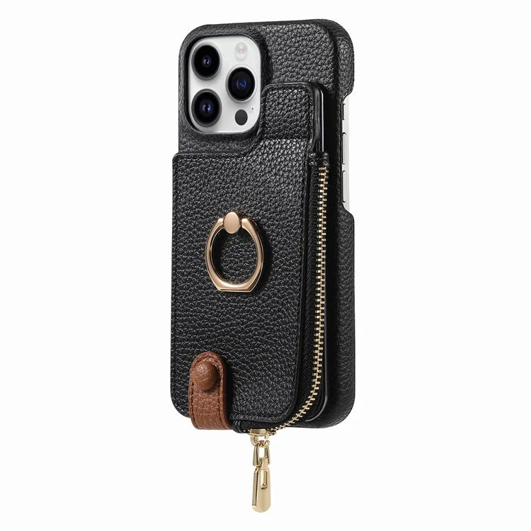 Y3 For iPhone 16 Pro Max Case Card Holder Kickstand Leather+TPU Phone Cover with Zipper Pocket