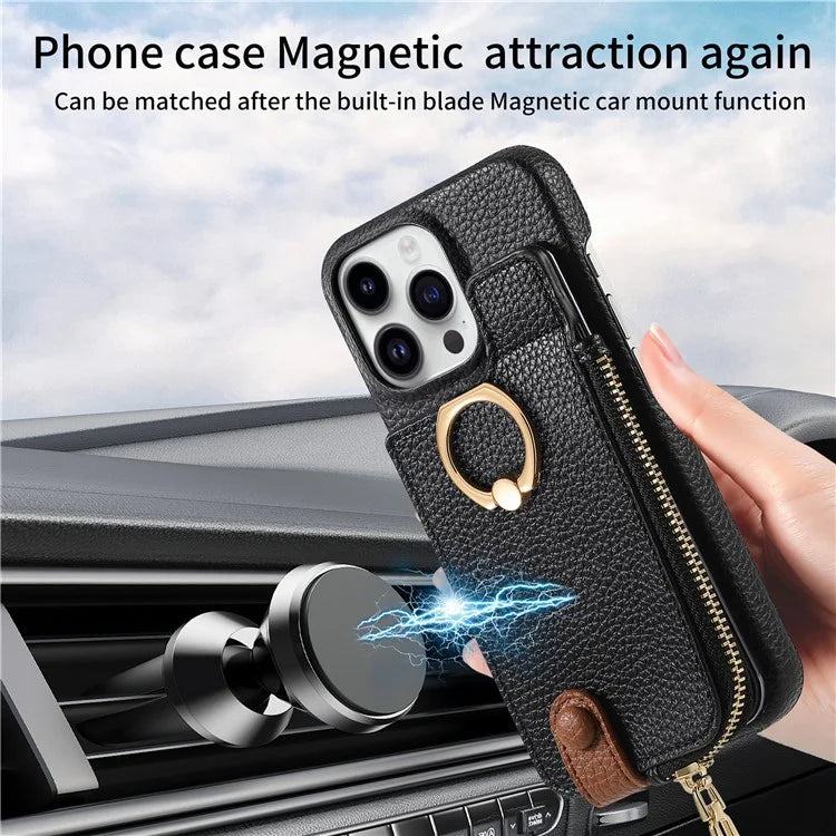 Y3 For iPhone 16 Pro Max Case Card Holder Kickstand Leather+TPU Phone Cover with Zipper Pocket