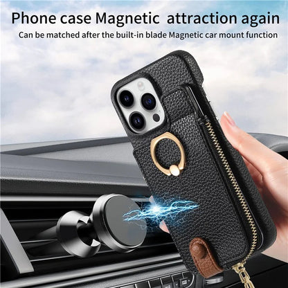 Y3 For iPhone 16 Pro Max Case Card Holder Kickstand Leather+TPU Phone Cover with Zipper Pocket