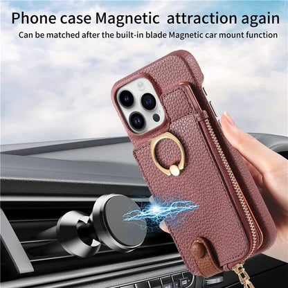 Y3 For iPhone 16 Pro Max Case Card Holder Kickstand Leather+TPU Phone Cover with Zipper Pocket