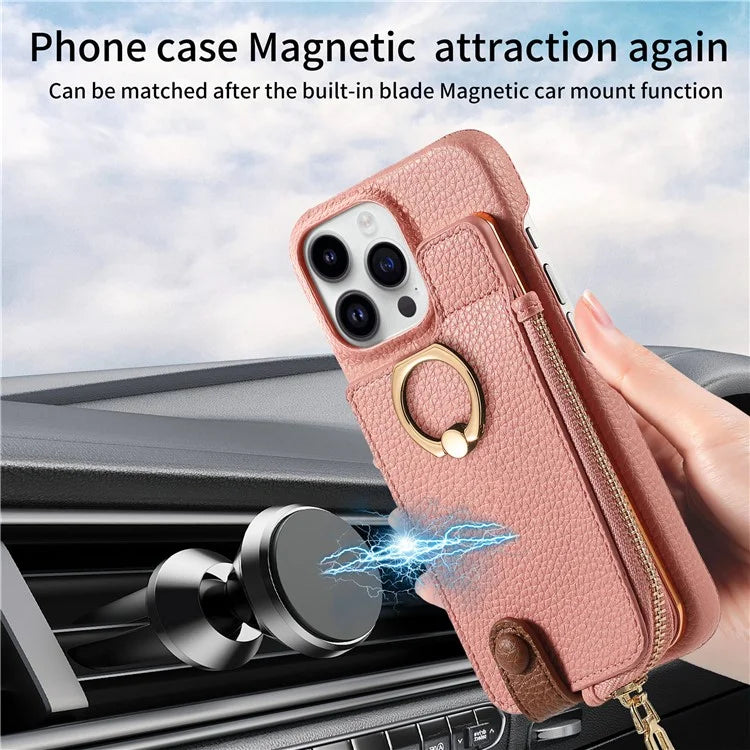 Y3 For iPhone 16 Pro Max Case Card Holder Kickstand Leather+TPU Phone Cover with Zipper Pocket