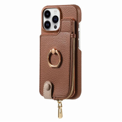 Y3 For iPhone 16 Pro Max Case Card Holder Kickstand Leather+TPU Phone Cover with Zipper Pocket