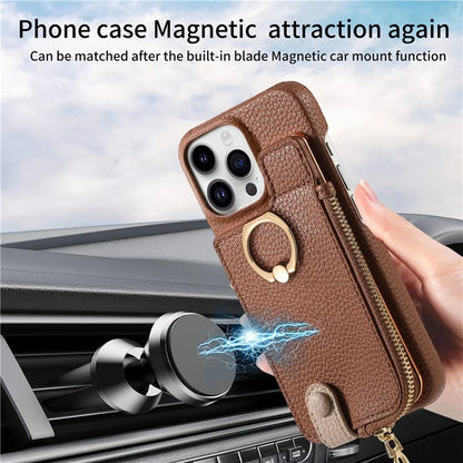 Y3 For iPhone 16 Pro Max Case Card Holder Kickstand Leather+TPU Phone Cover with Zipper Pocket