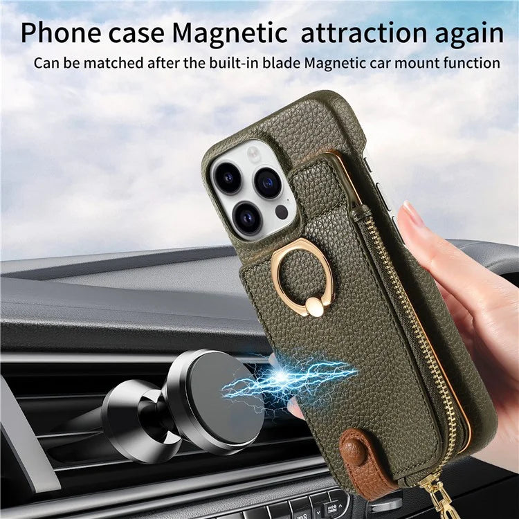 Y3 For iPhone 16 Pro Max Case Card Holder Kickstand Leather+TPU Phone Cover with Zipper Pocket