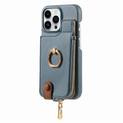 Y3 For iPhone 16 Pro Max Case Card Holder Kickstand Leather+TPU Phone Cover with Zipper Pocket